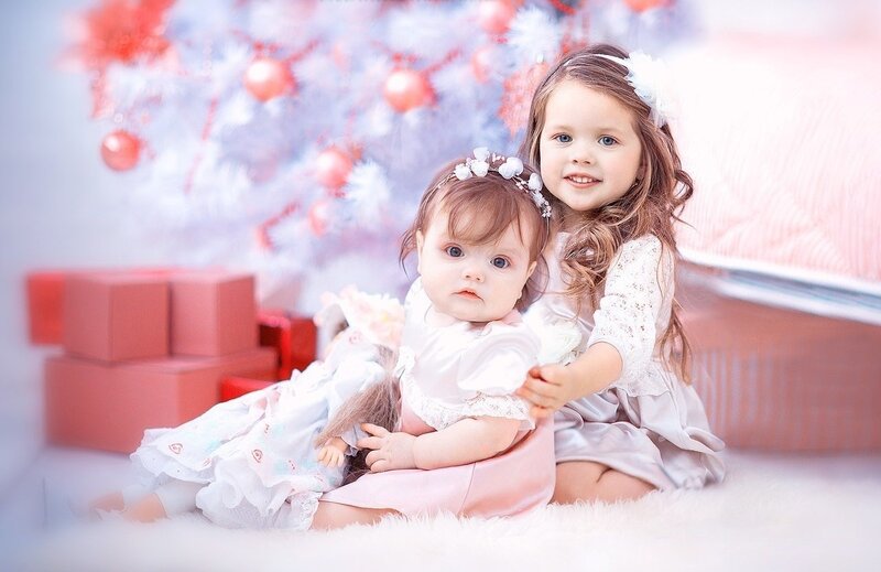 Two Girls with Doll — White