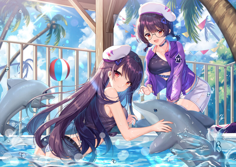 Two Girls with Dolphins — Blue