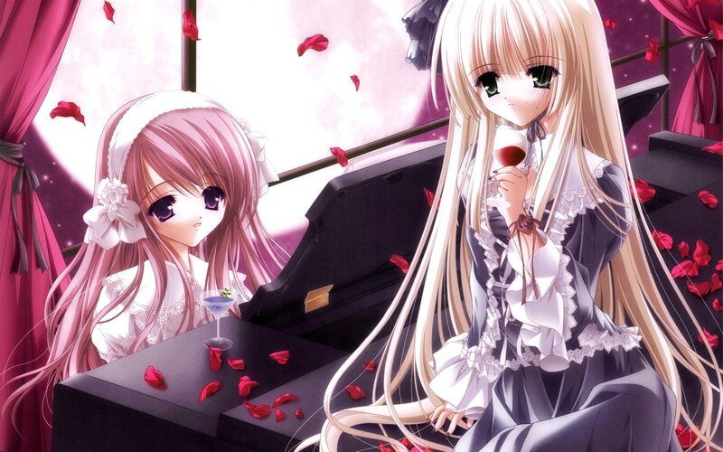 Two girls with drinks at a piano