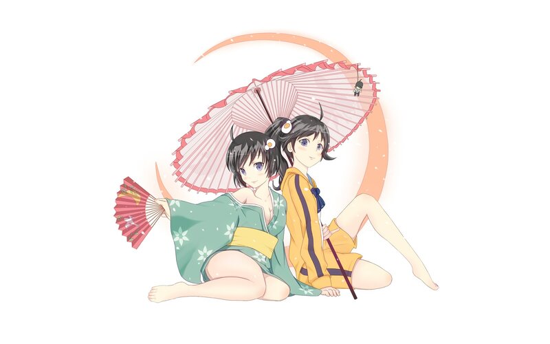 two girls with fans and umbrella