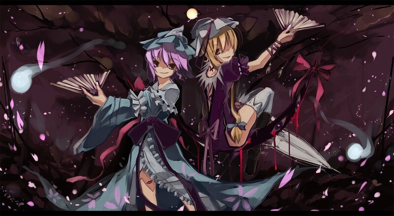 Two girls with fans in dark forest