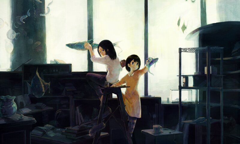 Two girls with fish in a room
