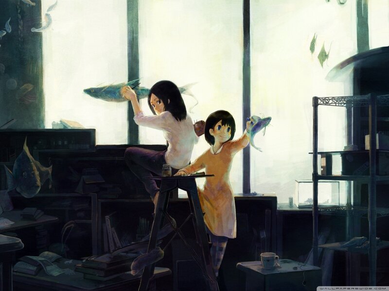 Two Girls with Fish — White, Calm, Afternoon