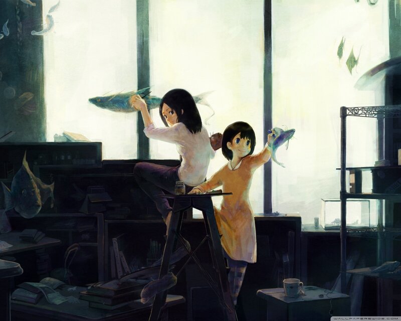 Two Girls with Fish — White, Calm