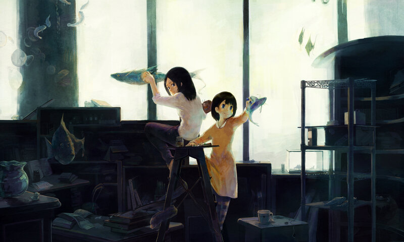 Two Girls with Fish — White