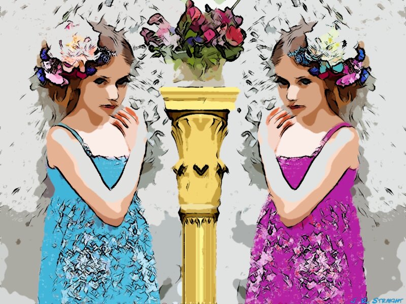 Two Girls with Flower Crowns — Blue, Contemplative