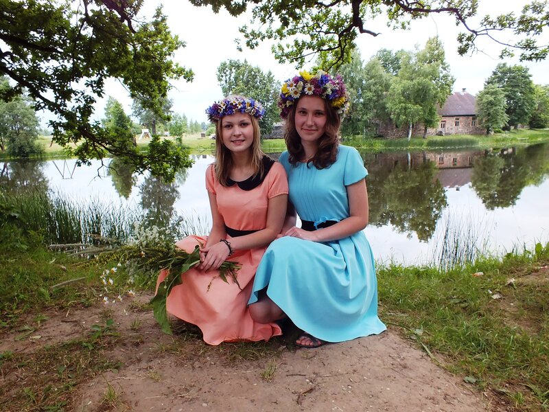 Two Girls with Flower Crowns — Blue, Serene