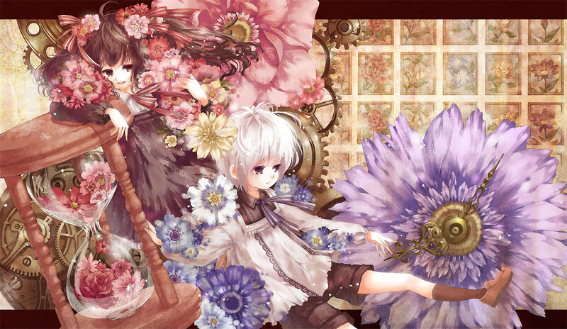 two girls with flowers and gears