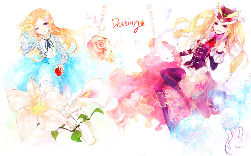 Two girls with flowers and jellyfish