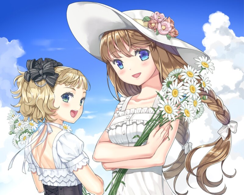 Two Girls with Flowers — Blue