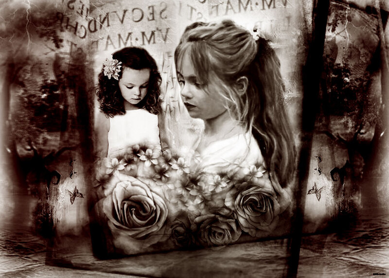 Two Girls with Flowers — Brown
