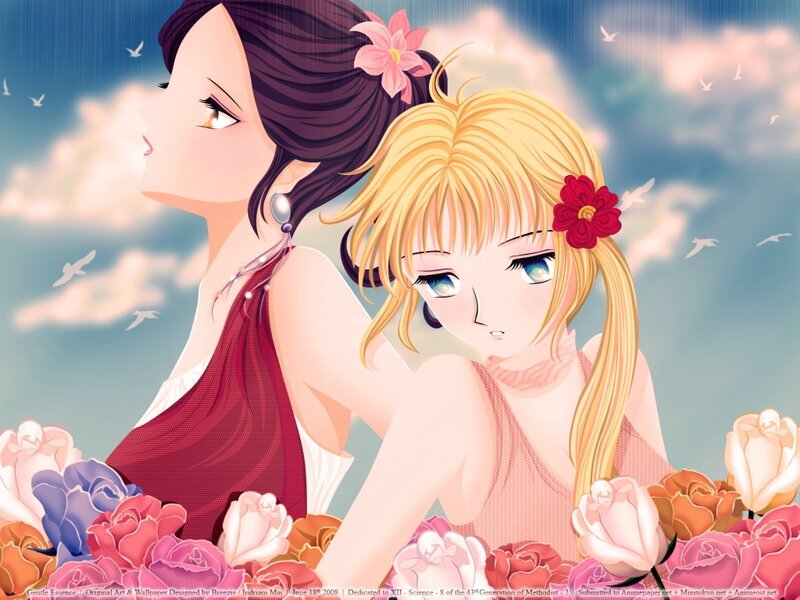 Two girls with flowers in a garden