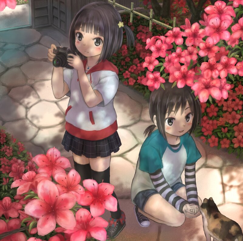 Two Girls with Flowers — Pink, Serene