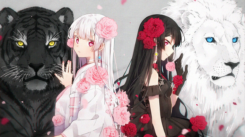 Two Girls with Flowers — White, Dramatic