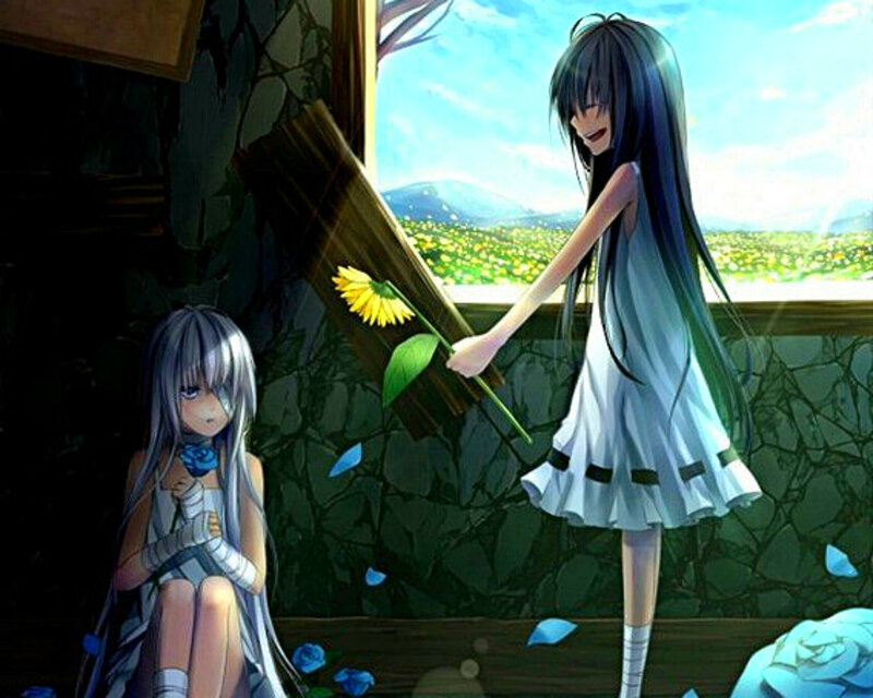 Two Girls with Flowers — White, Serene, Afternoon