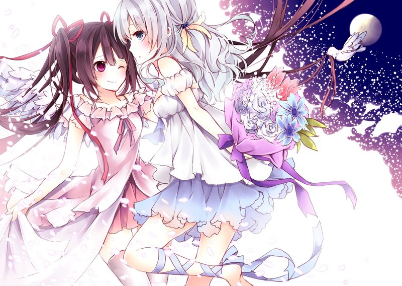 Two Girls with Flowers — White, Serene, Night