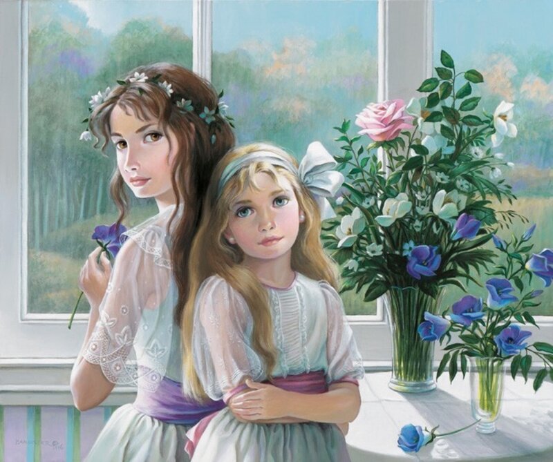Two Girls with Flowers — White, Serene