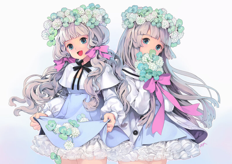 Two Girls with Flowers — White