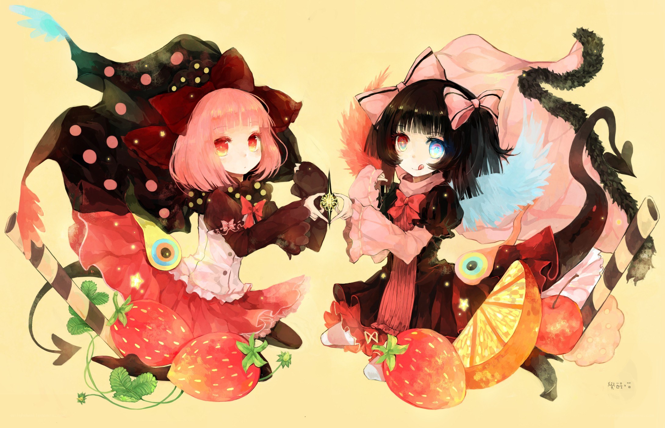two girls with fruit and candy