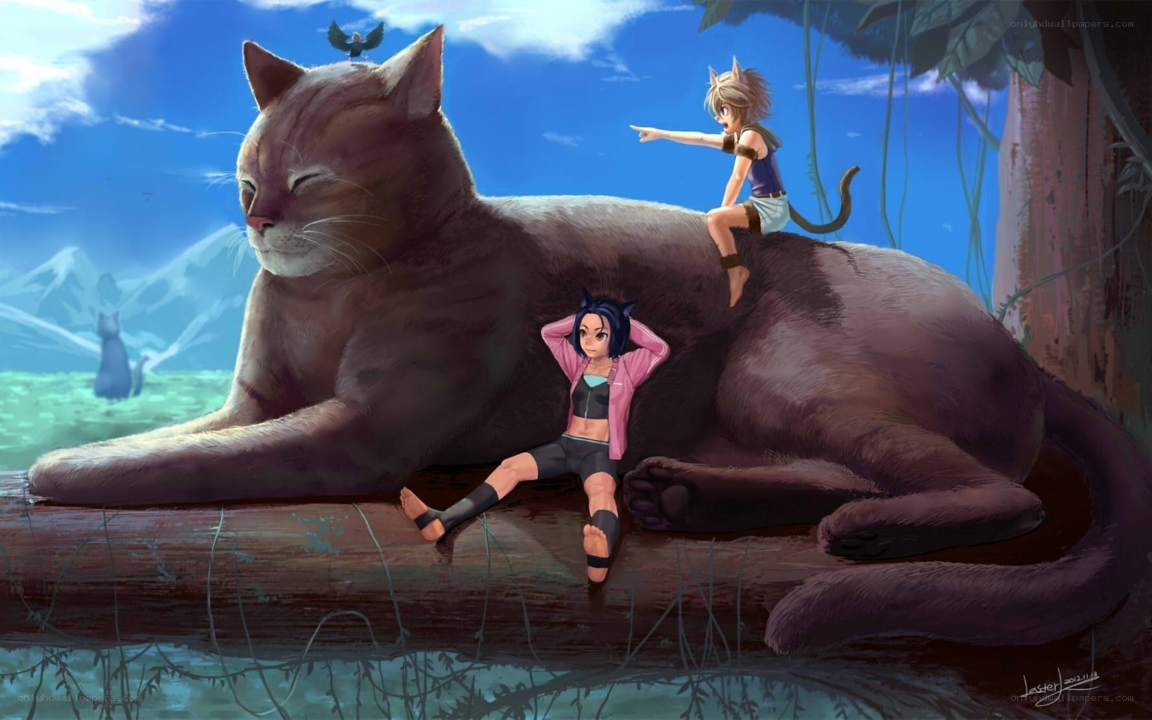 Two girls with giant cat