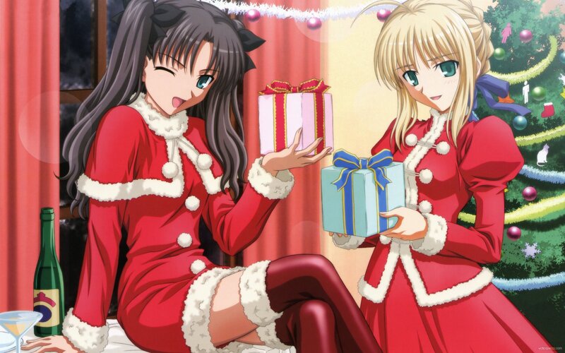 Two Girls with Gifts — Red, Festive, Winter