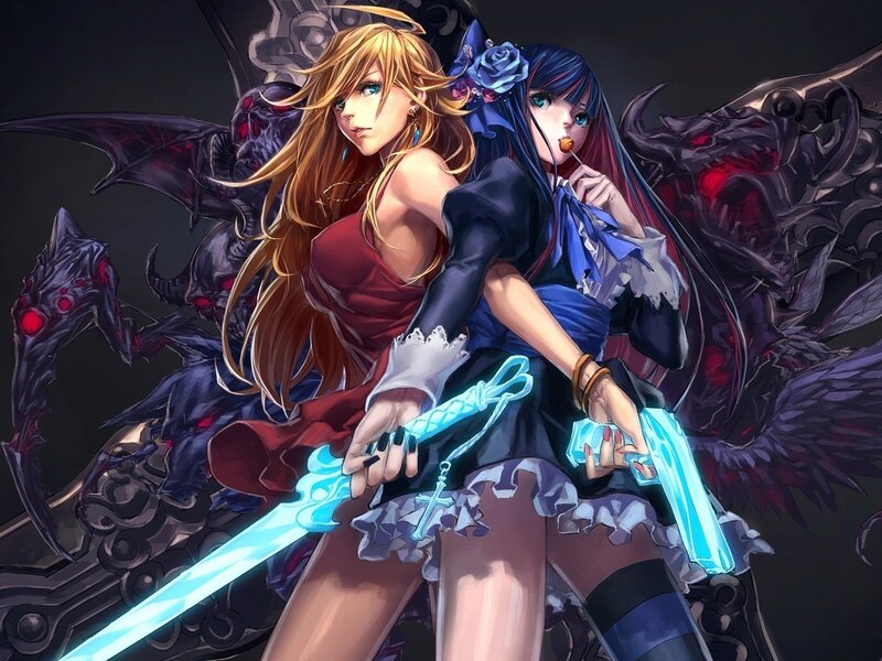 Two girls with glowing swords
