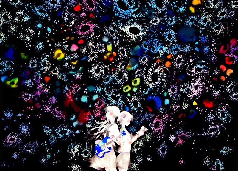 Two girls with guitars in a starry night