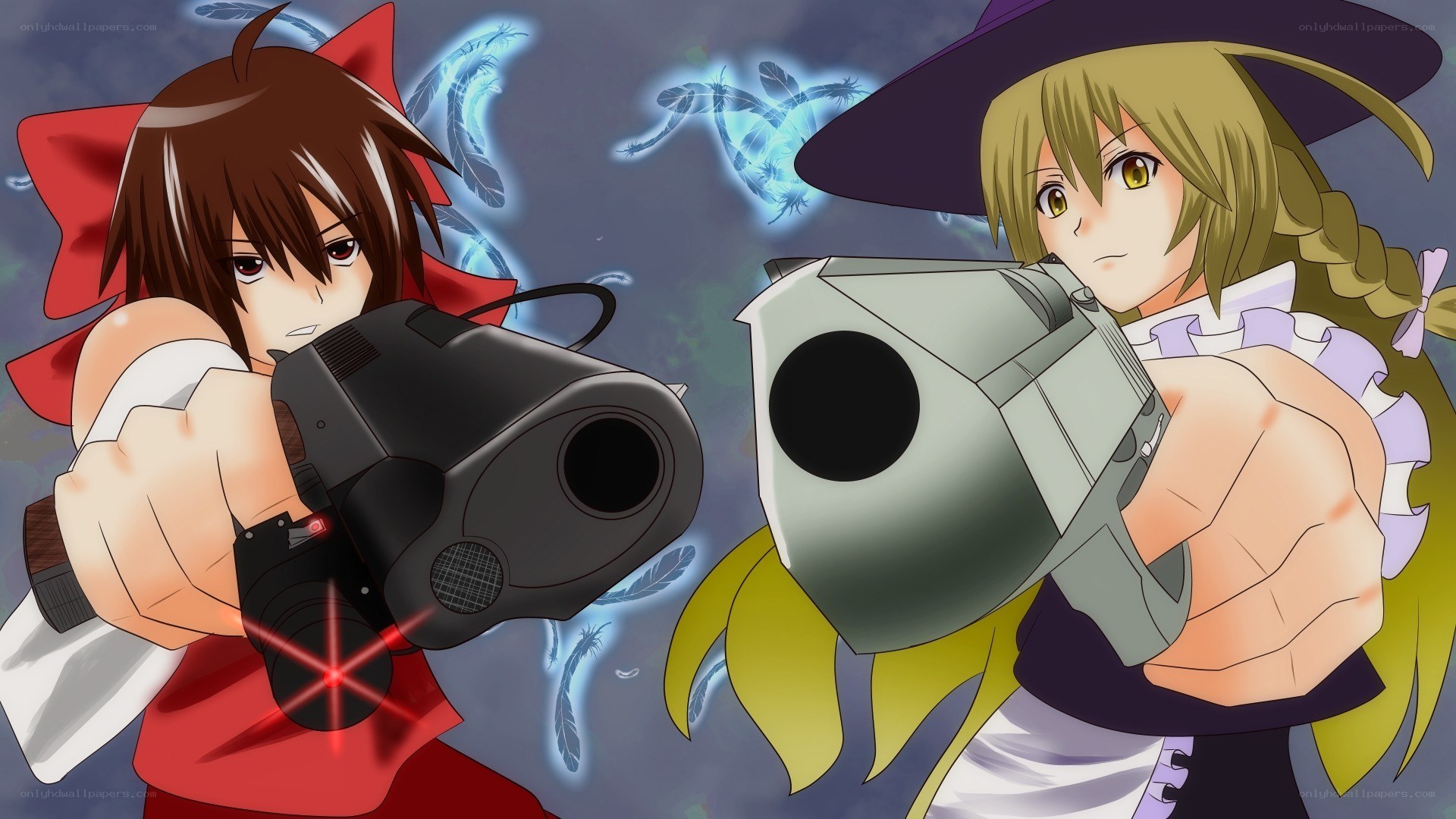Two girls with guns facing off
