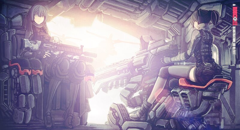 Two girls with guns in a mech cockpit