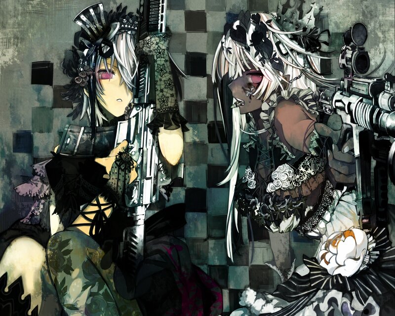 Two girls with guns in gothic attire