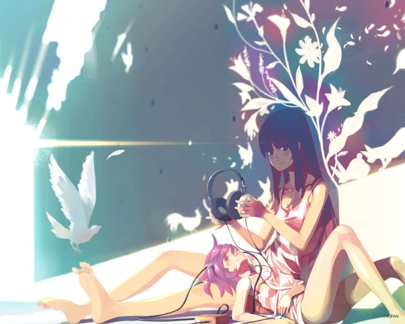 Two girls with headphones