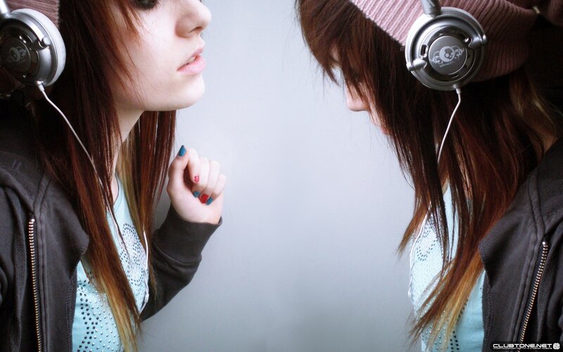 Two Girls with Headphones — Brown, Neutral, Photograph