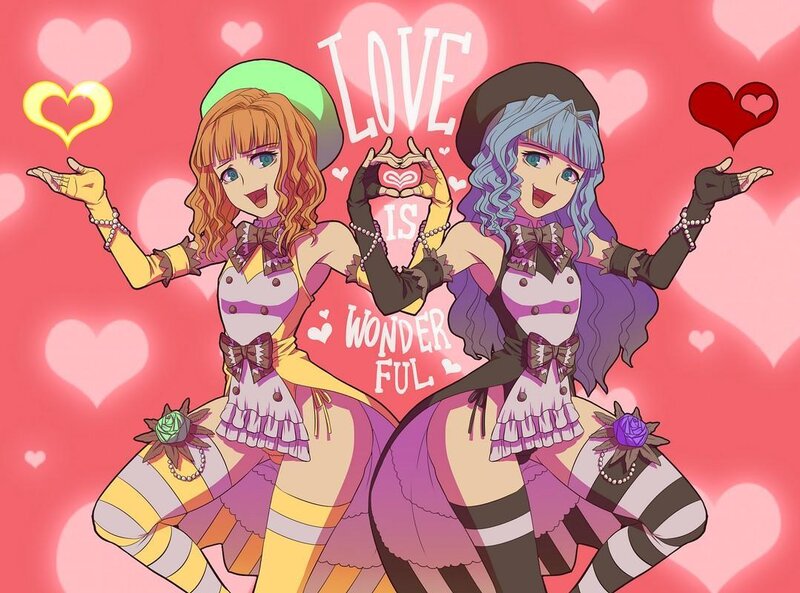 Two girls with hearts and love text