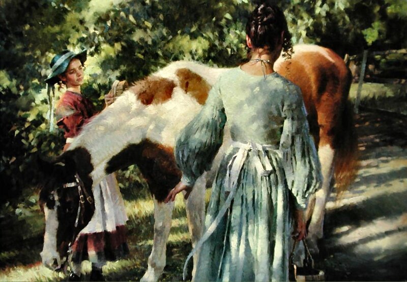 Two Girls with Horses — Green