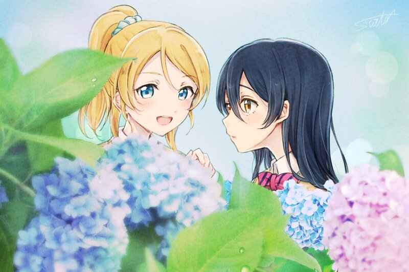 Two Girls with Hydrangeas — Blue
