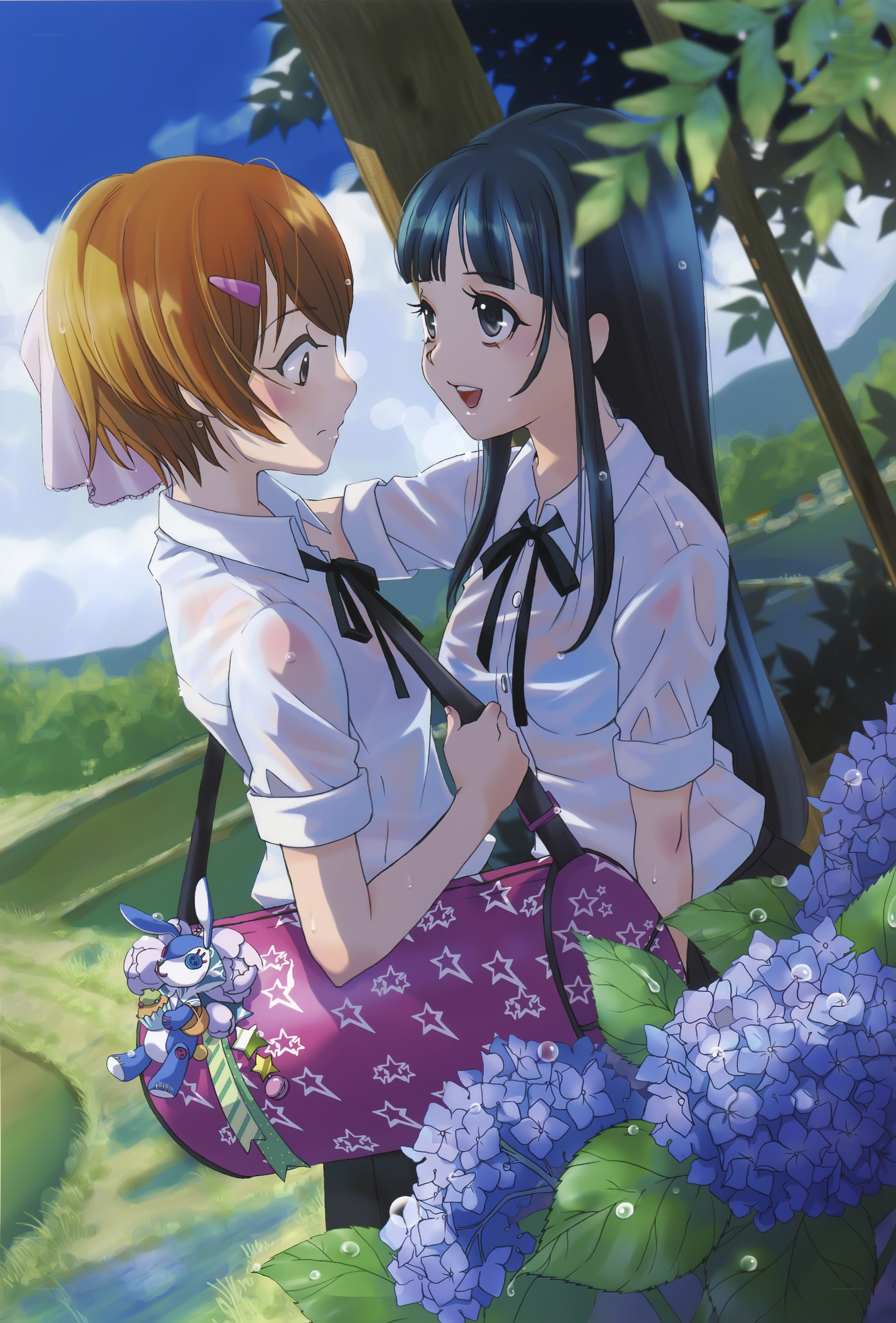 Two girls with hydrangeas