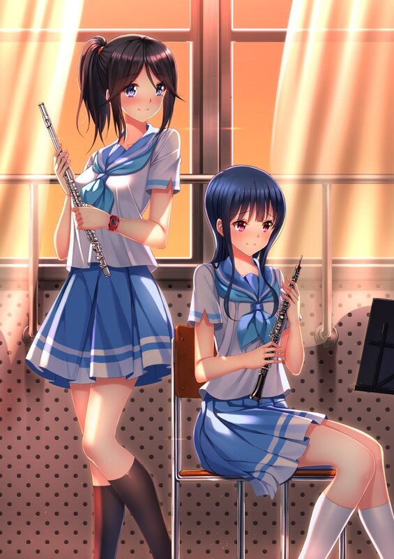 Two Girls with Instruments — Blue, Calm
