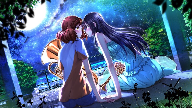 Two Girls with Instruments — Blue, Serene
