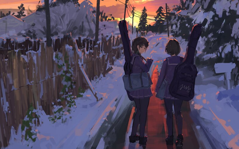 Two Girls with Instruments — Purple, Serene