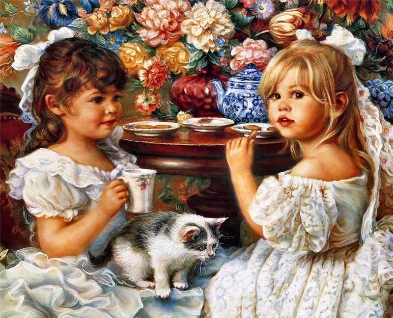 Two Girls with Kitten