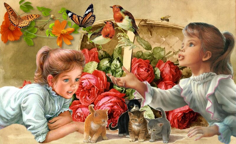 Two Girls with Kittens
