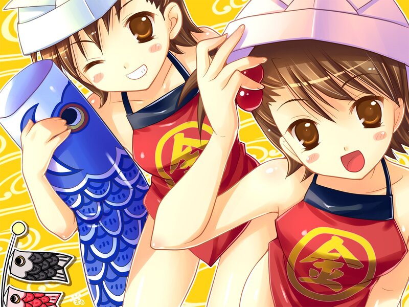 Two girls with koinobori