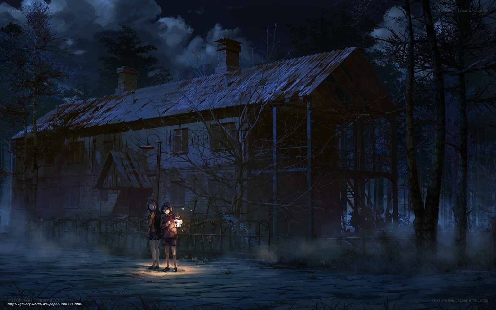 Two girls with lantern at night