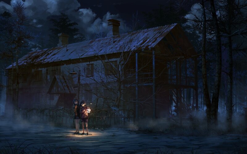 Two Girls with Lantern — Blue, Dark, Night
