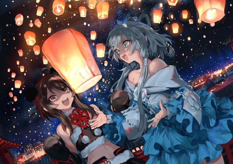 Two Girls with Lanterns — Blue, Festive