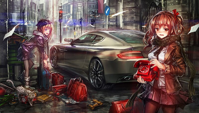 Two Girls with Luggage — Red