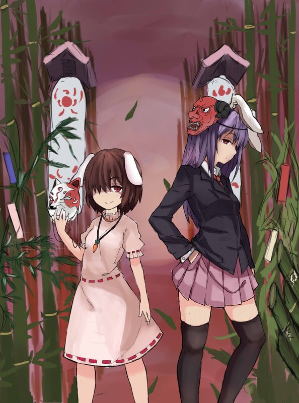 Two girls with masks in a bamboo forest