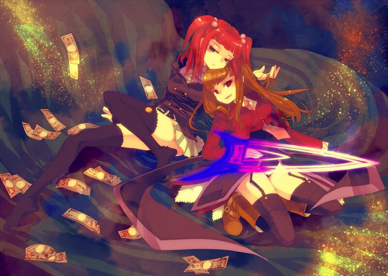 Two girls with money and a sword