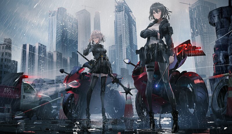 Two Girls with Motorcycles — Gray
