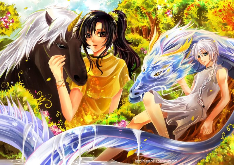Two Girls with Mythical Creatures